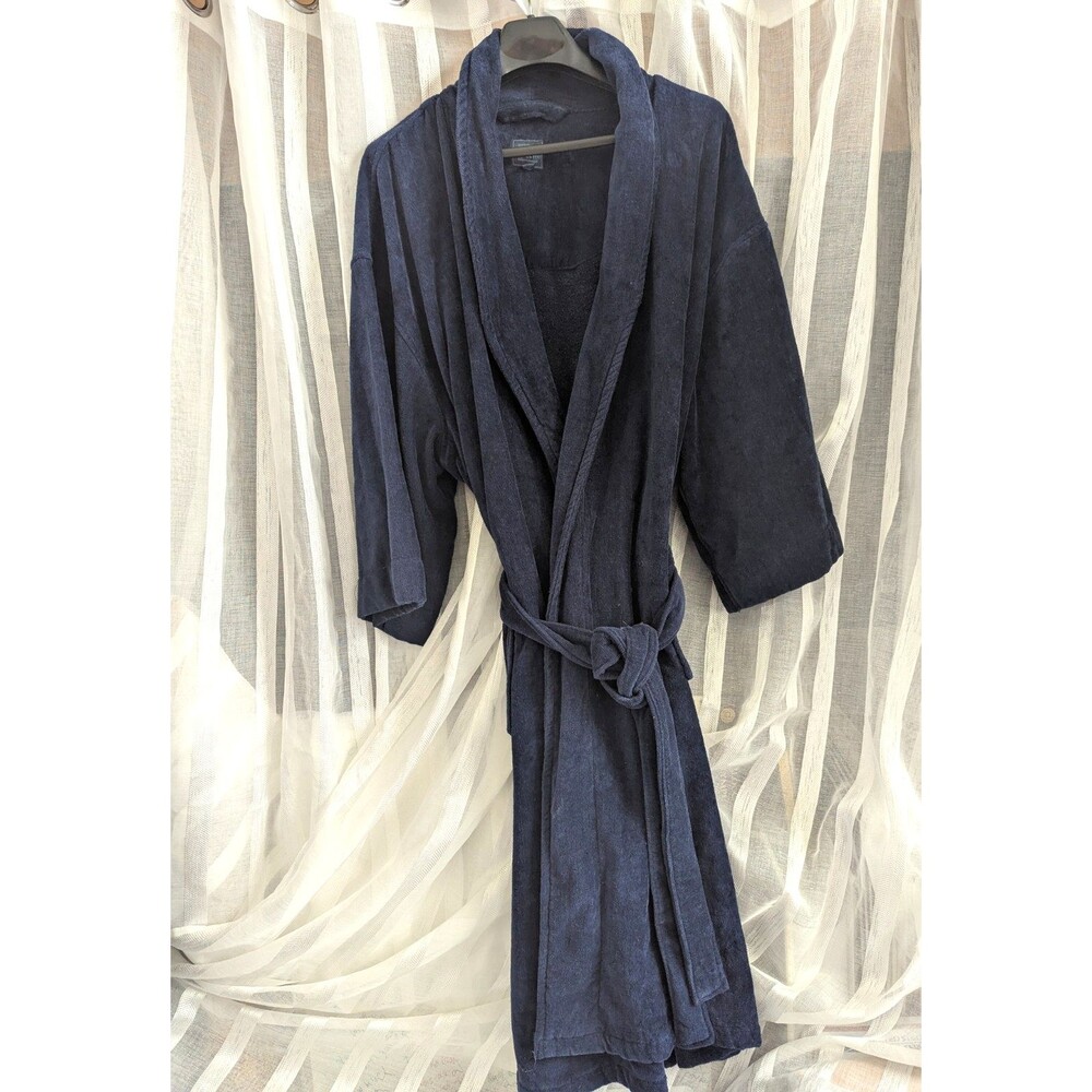 Majestic International Mens Large/ XL Robe Terrycloth Plush NAVY Blue 3/4 Sleeve